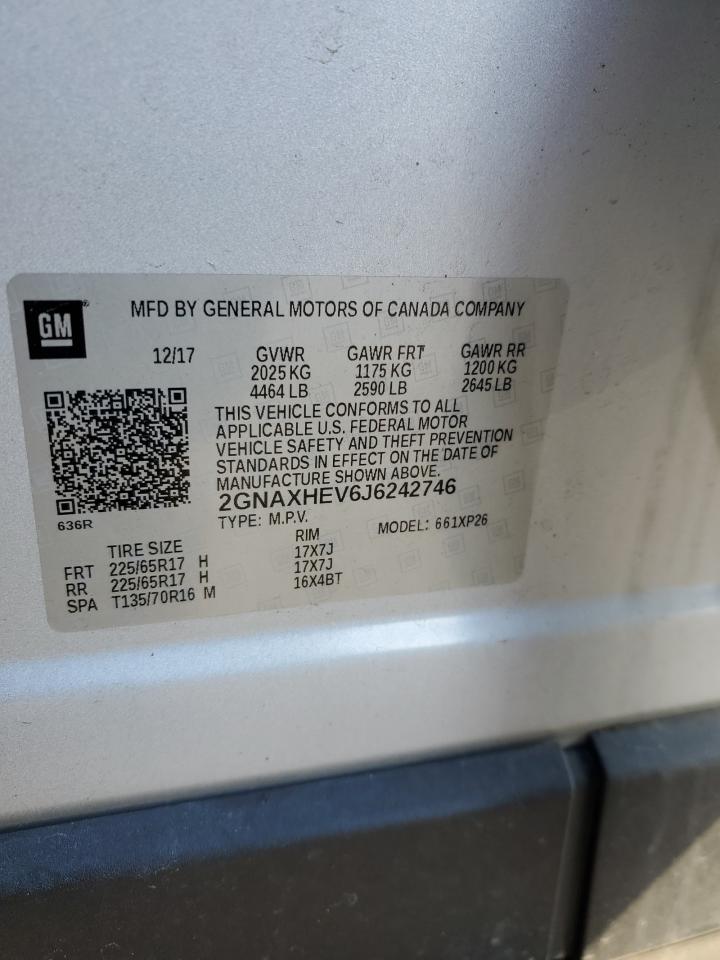 2018 Chevrolet Equinox VIN 2GNAXHEV6J6242746 Copart auction photo, front end / side damage thumbnail 15
