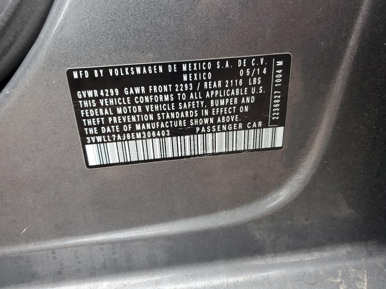 2014 Volkswagen Jetta VIN 3VWLL7AJ8EM306403 Copart auction photo, front end / side damage thumbnail 12