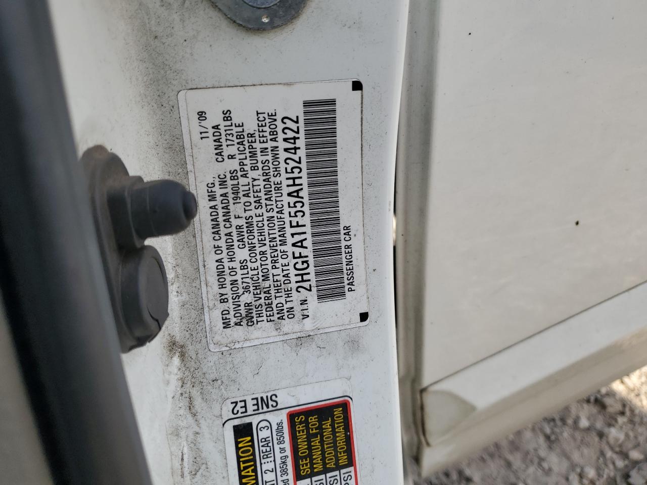 2010 Honda Civic VIN 2HGFA1F55AH524422 Copart auction photo, minor dent/scratches damage thumbnail 12