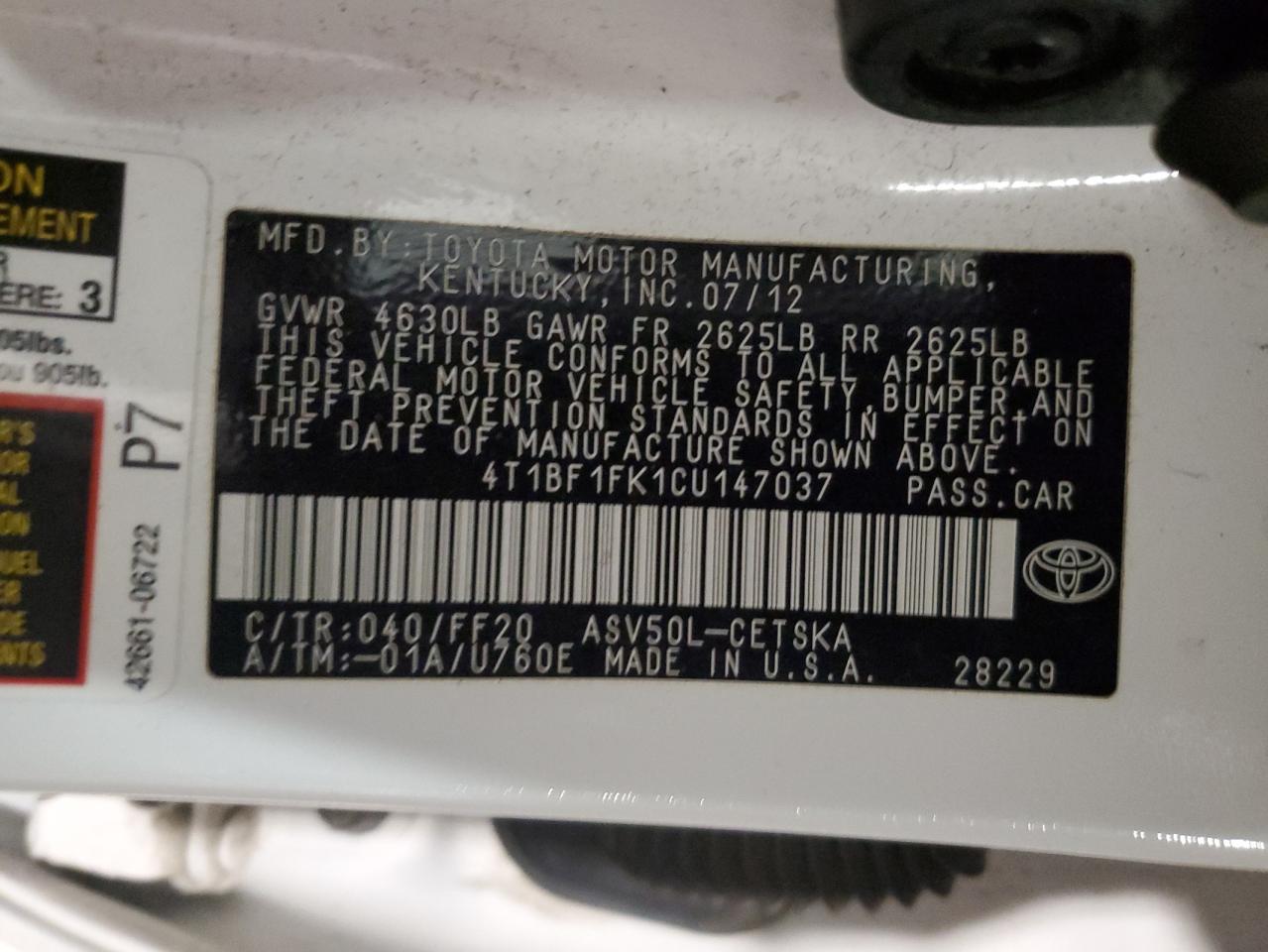 2012 Toyota Camry VIN 4T1BF1FK1CU147037 Copart auction photo, mechanical / minor dent/scratches damage thumbnail 12