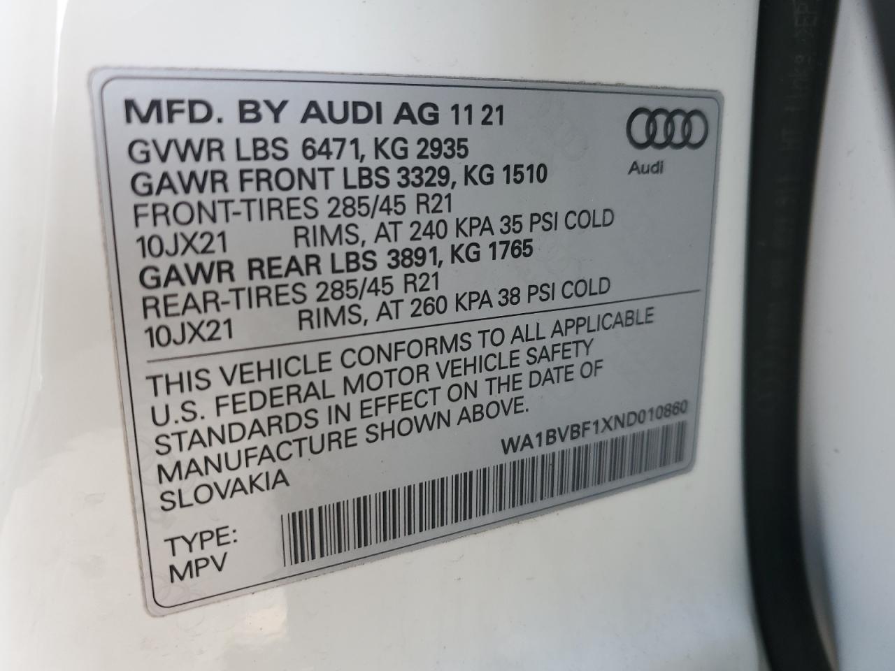 2022 Audi Q8 VIN WA1BVBF1XND010860 Copart auction photo, front end / minor dent/scratches damage thumbnail 13