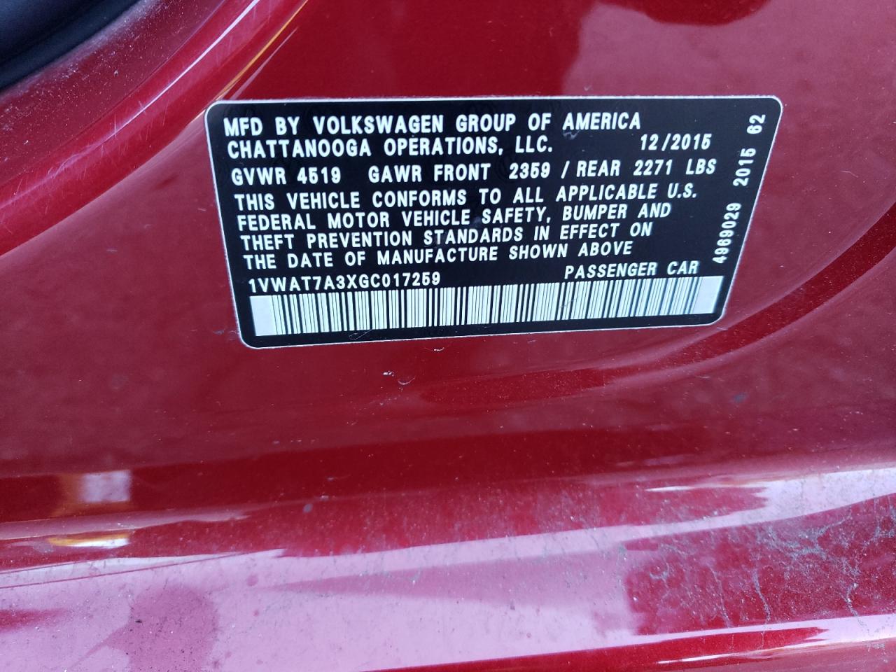 2016 Volkswagen Passat VIN 1VWAT7A3XGC017259 Copart auction photo, front end damage thumbnail 13
