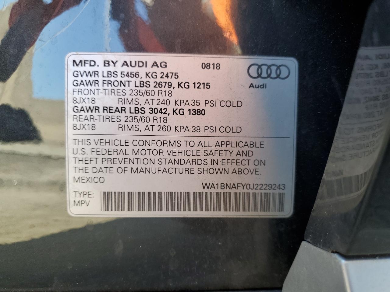 2018 Audi Q5 VIN WA1BNAFY0J2229243 Copart auction photo, front end damage thumbnail 13