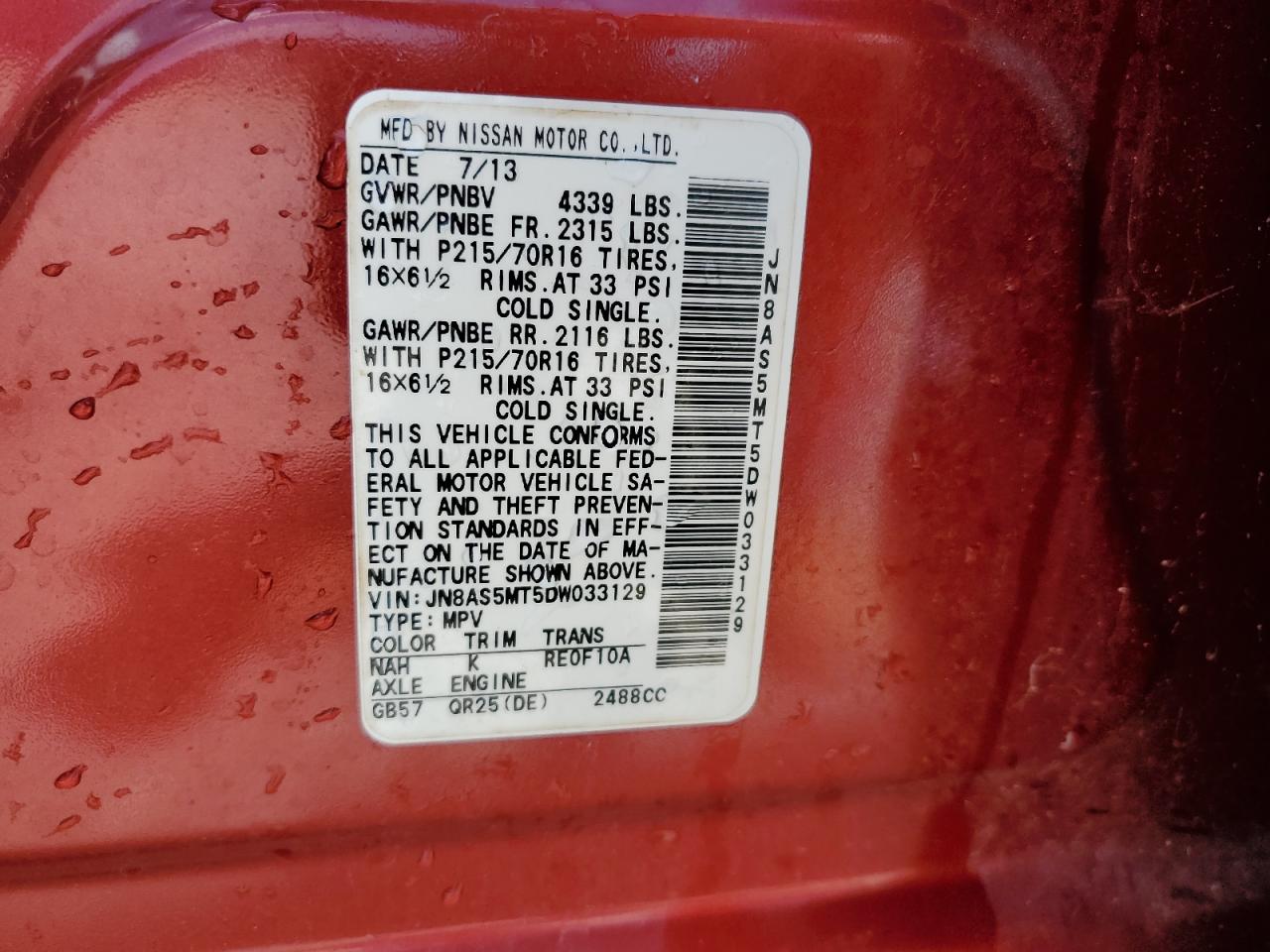 2013 Nissan Rogue VIN JN8AS5MT5DW033129 Copart auction photo, front end damage thumbnail 13