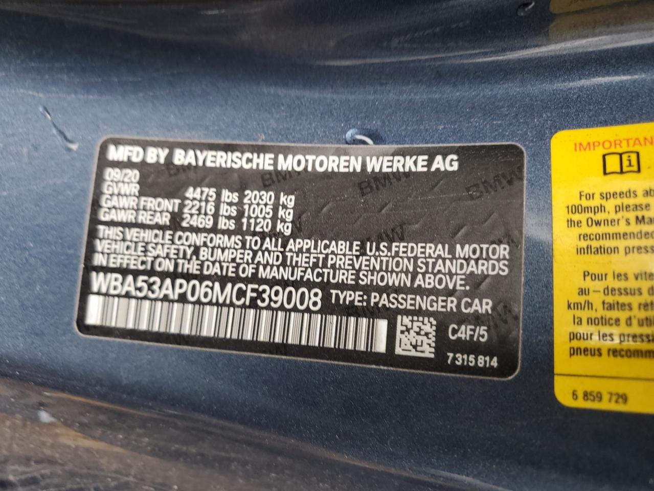 2021 BMW 4er VIN WBA53AP06MCF39008 Copart auction photo, front end / undercarriage damage thumbnail 13