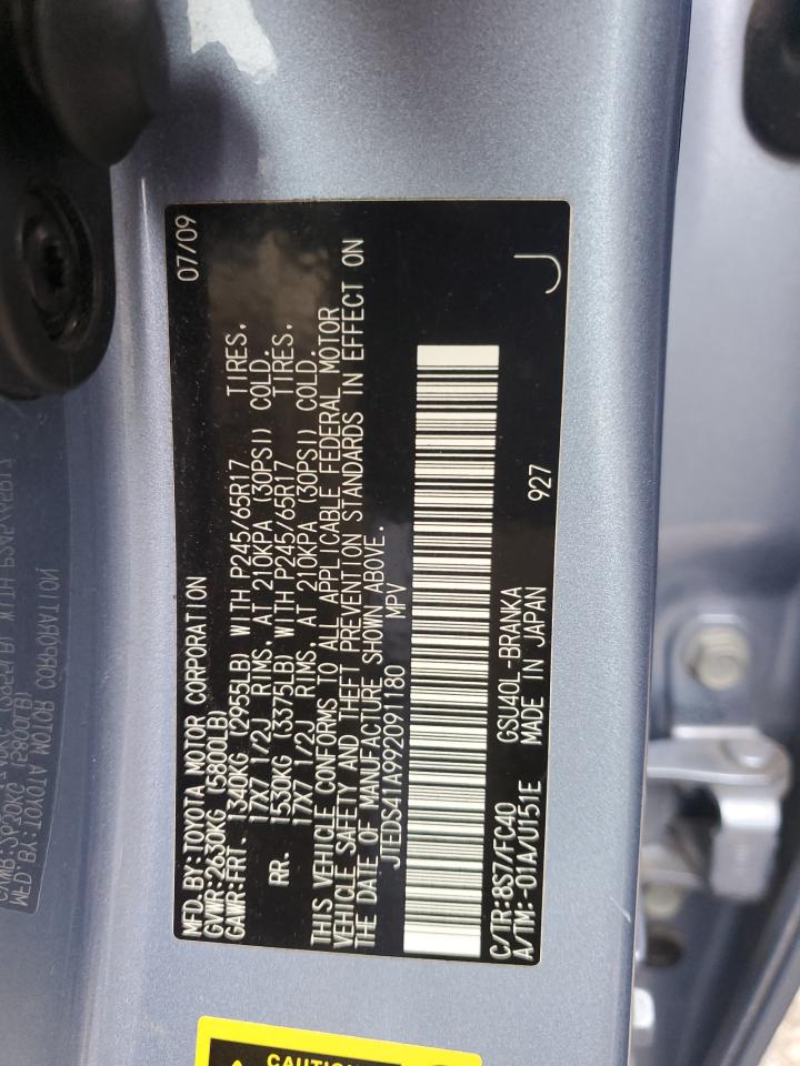 2009 Toyota Highlander VIN JTEDS41A992091180 Copart auction photo, front end / side damage thumbnail 13