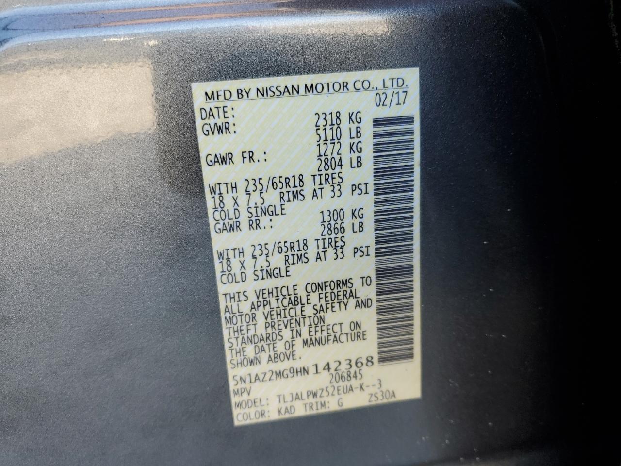 2017 Nissan Murano VIN 5N1AZ2MG9HN142368 Copart auction photo, rear end / side damage thumbnail 13