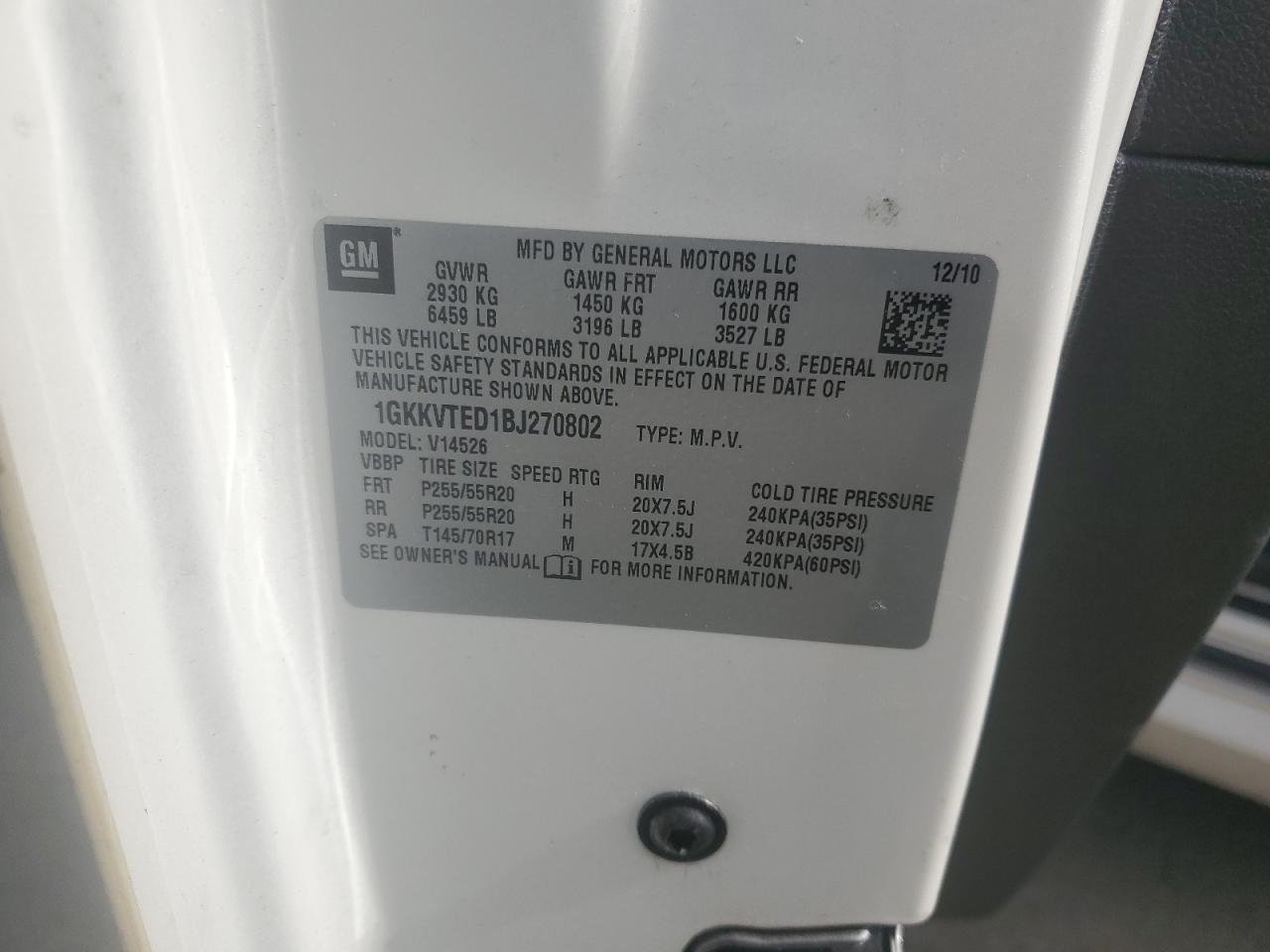 2011 GMC Acadia VIN 1GKKVTED1BJ270802 Copart auction photo, front end damage thumbnail 14