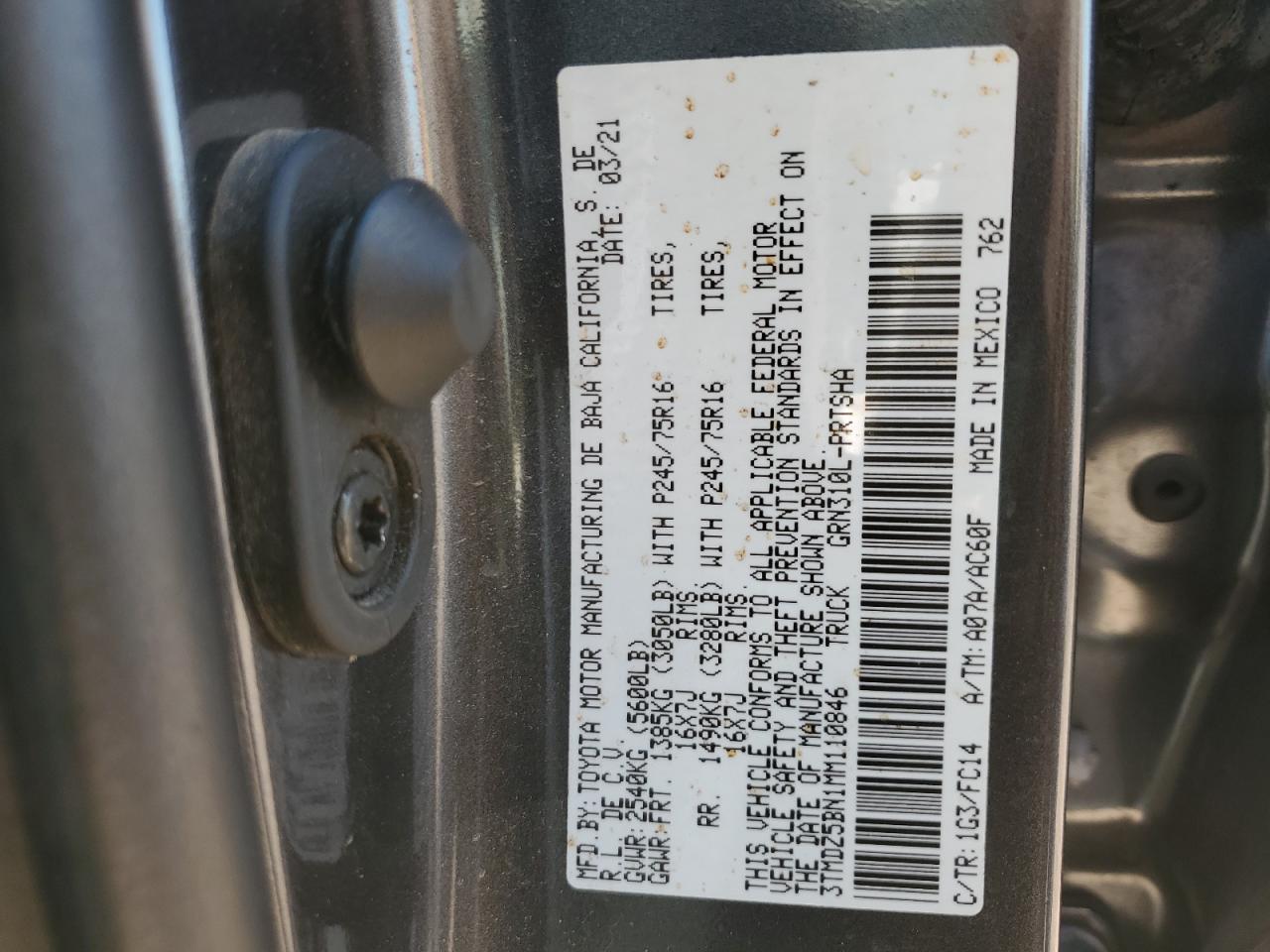 2021 Toyota Tacoma VIN 3TMDZ5BN1MM110846 Copart auction photo, front end damage thumbnail 12