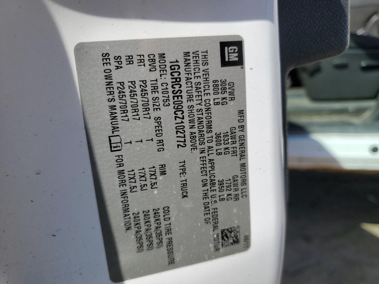 2012 Chevrolet Silverado VIN 1GCRCSE09CZ102772 Copart auction photo, rear end damage thumbnail 12