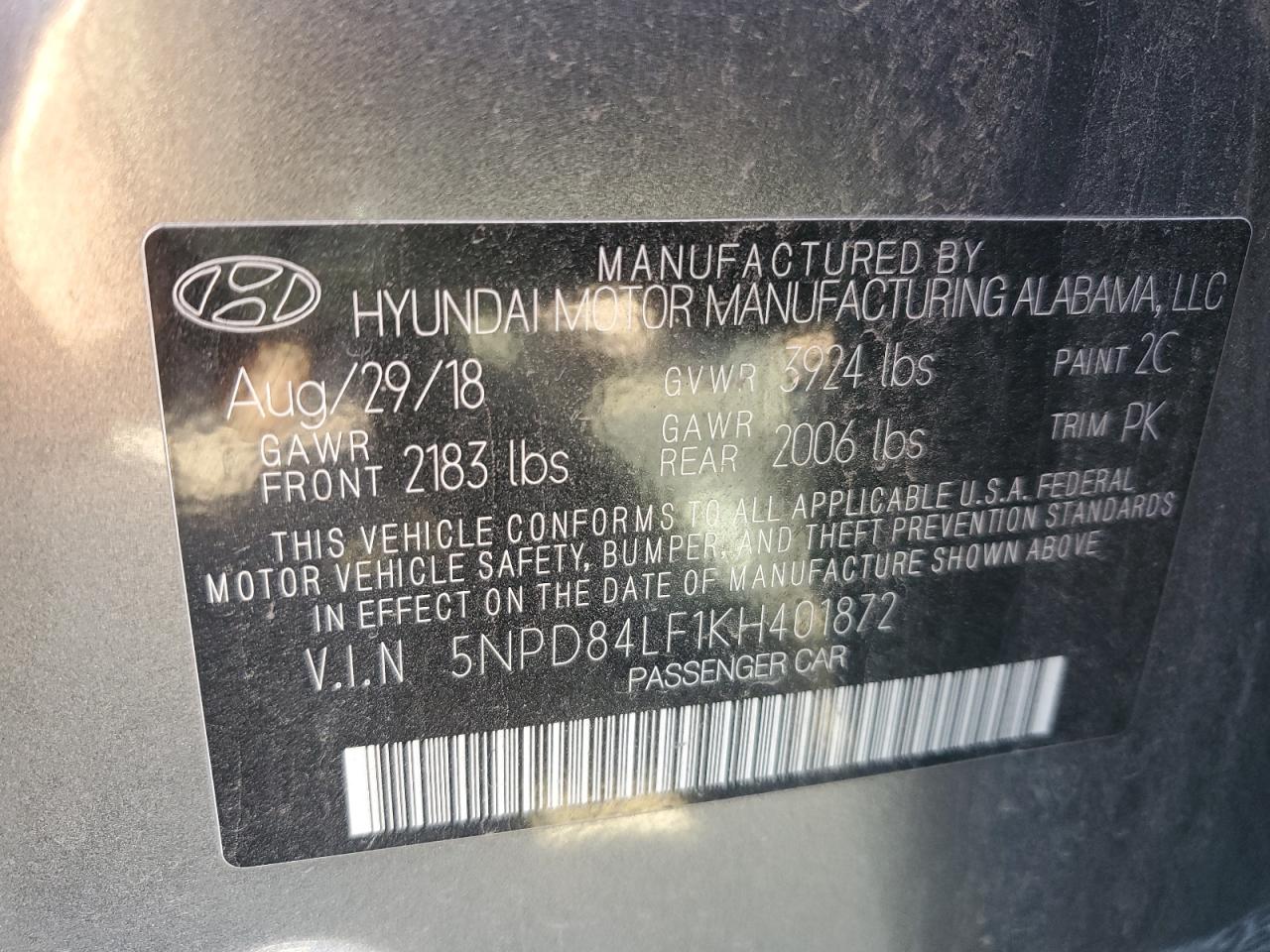2019 Hyundai Elantra VIN 5NPD84LF1KH401872 Copart auction photo, vandalism / front end damage thumbnail 12