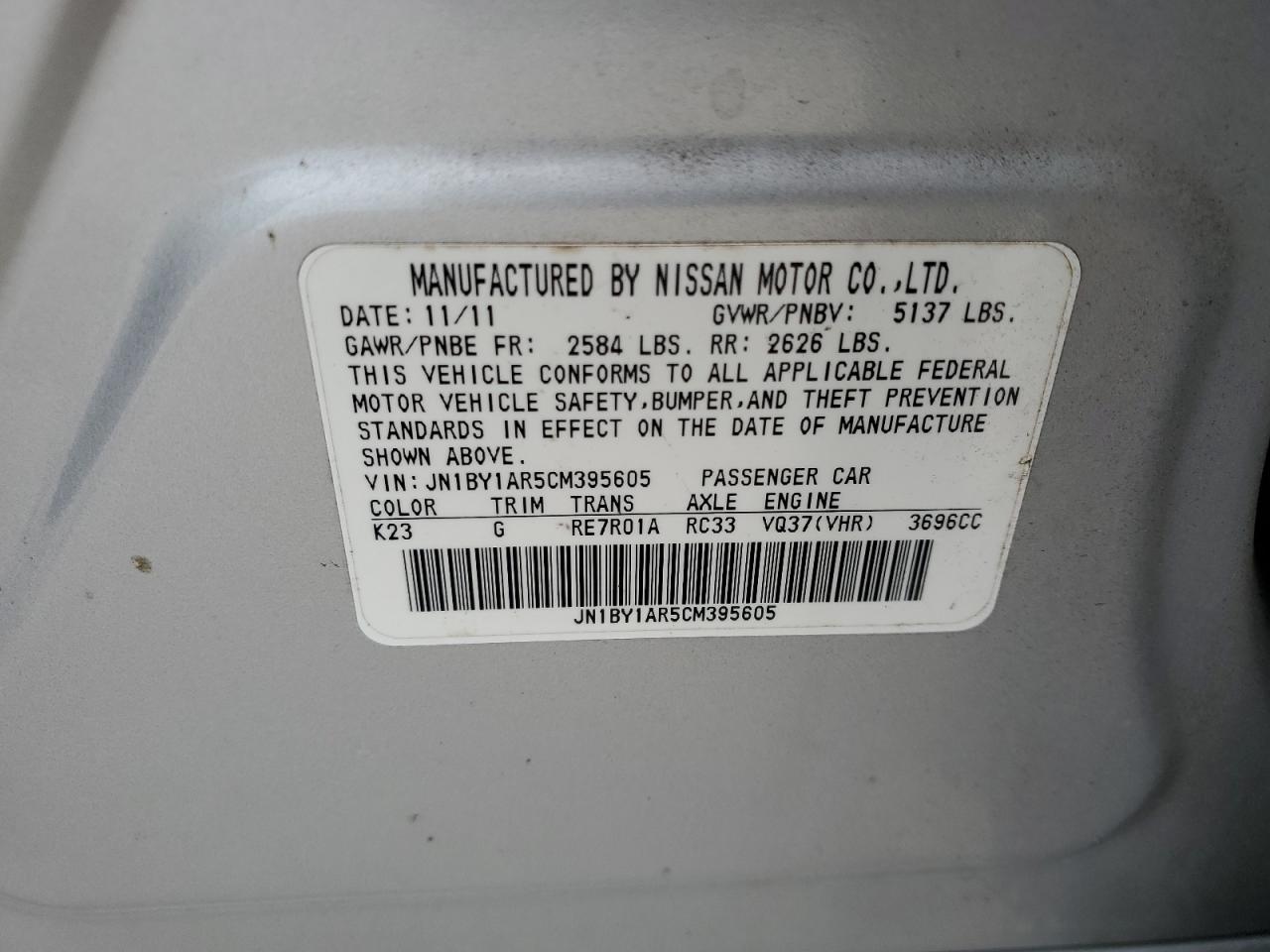 2012 Infiniti M VIN JN1BY1AR5CM395605 Copart auction photo, rear end damage thumbnail 14