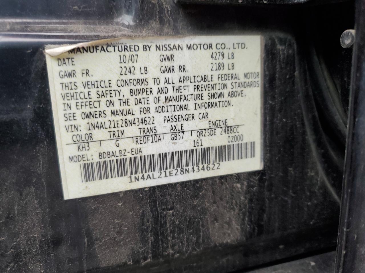 2008 Nissan Altima VIN 1N4AL21E28N434622 Copart auction photo, side / rear end damage thumbnail 12