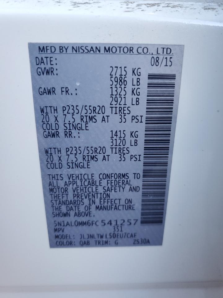 2015 Infiniti QX60 VIN 5N1AL0MM6FC541257 Copart auction photo, front end / undercarriage damage thumbnail 15