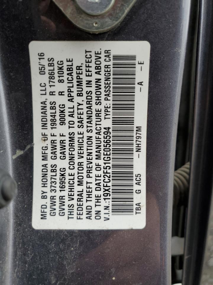 2016 Honda Civic VIN 19XFC2F51GE056594 Copart auction photo, front end / rear end damage thumbnail 14