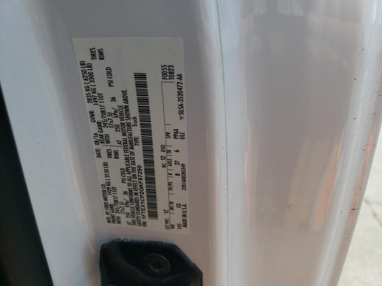 2016 Ford F-150 VIN 1FTEX1CP2GKF57250 Copart auction photo, front end damage thumbnail 14