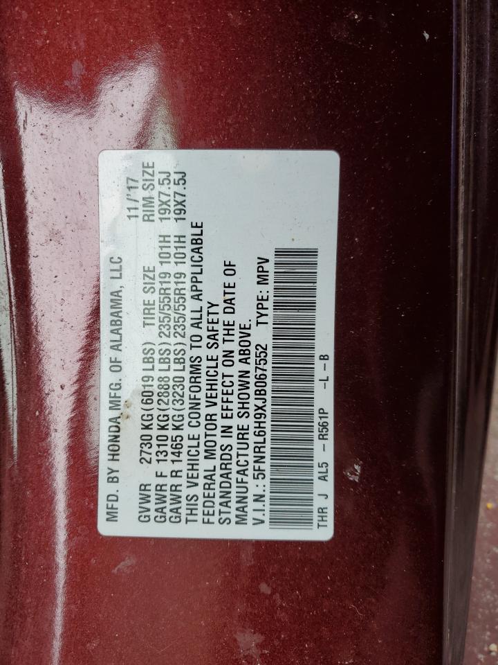 2018 Honda Odyssey VIN 5FNRL6H9XJB067552 Copart auction photo, rear end damage thumbnail 12