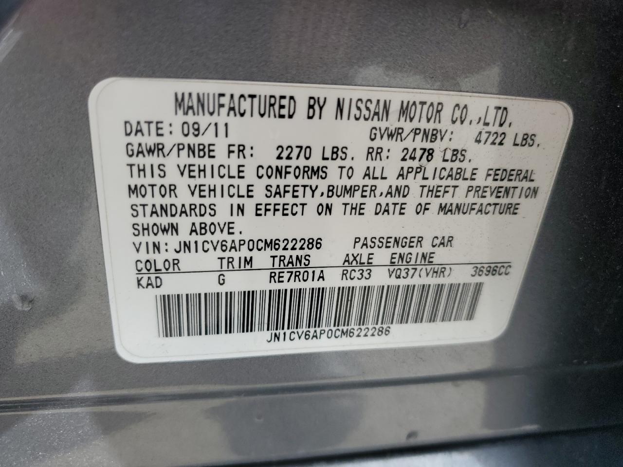 2012 Infiniti G VIN JN1CV6AP0CM622286 Copart auction photo, vandalism / top/roof damage thumbnail 12