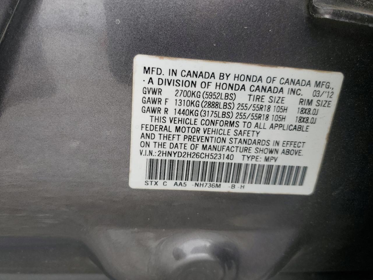 2012 Acura MDX VIN 2HNYD2H26CH523140 Copart auction photo, front end / minor dent/scratches damage thumbnail 15