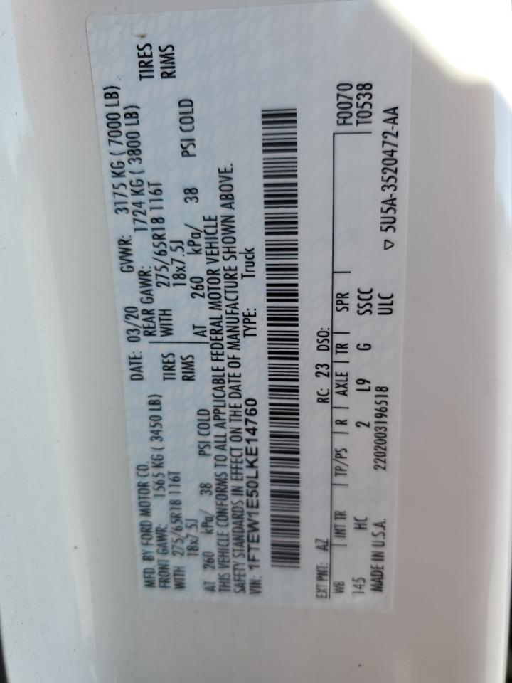 2020 Ford F-150 VIN 1FTEW1E50LKE14760 Copart auction photo, front end / mechanical damage thumbnail 13