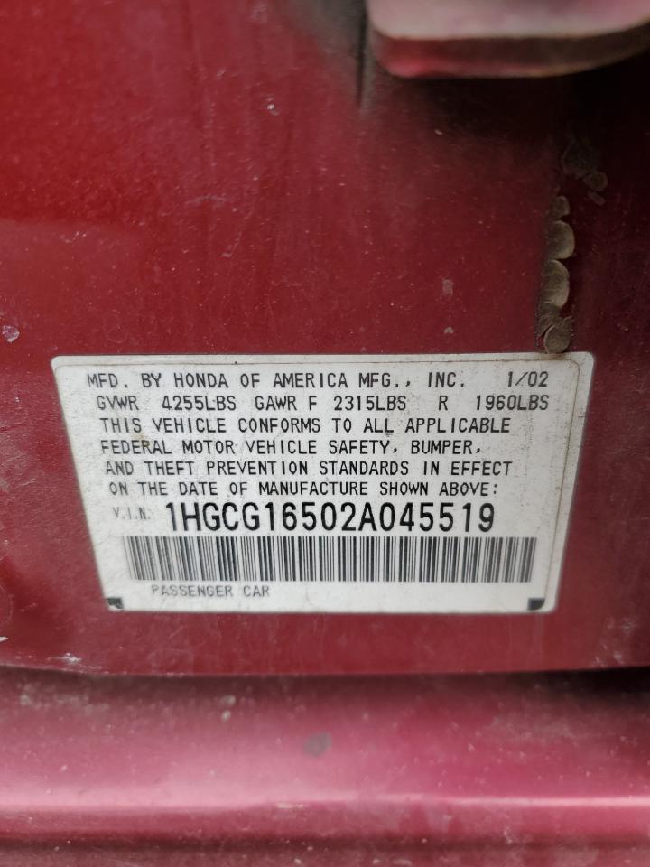 2002 Honda Accord VIN 1HGCG16502A045519 Copart auction photo, front end / side damage thumbnail 14