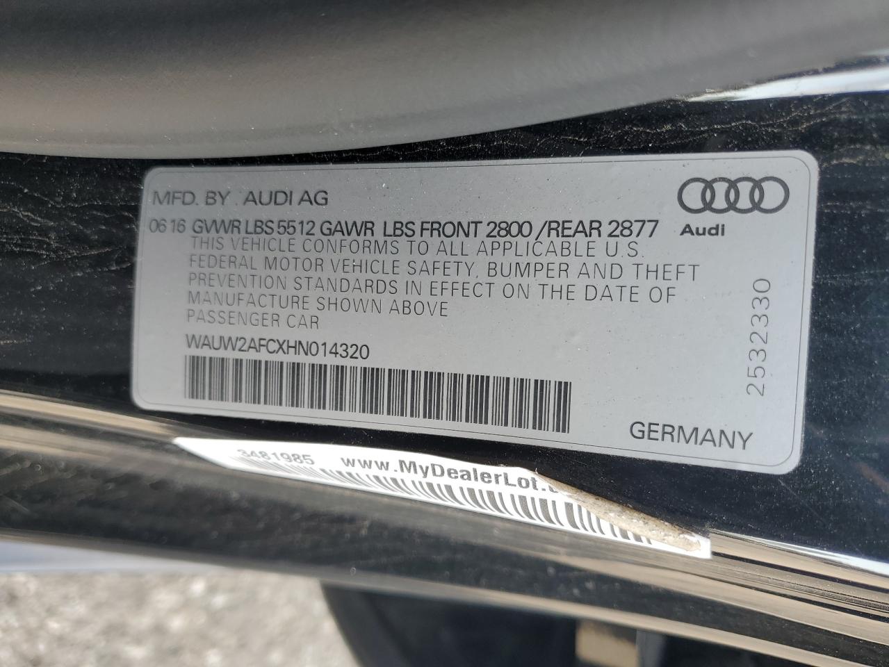 2017 Audi A7 VIN WAUW2AFCXHN014320 Copart auction photo, front end damage thumbnail 12