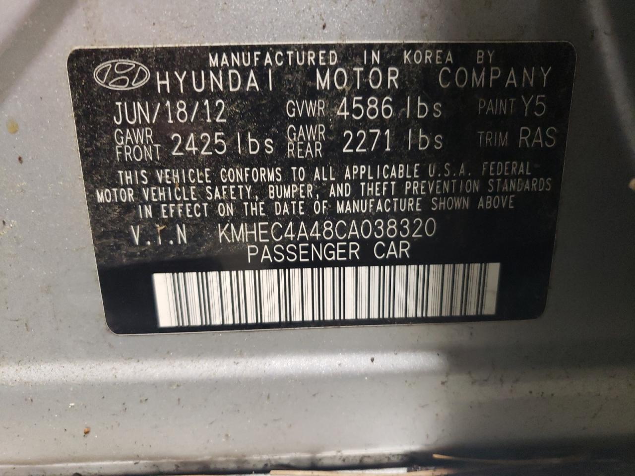 2012 Hyundai Sonata VIN KMHEC4A48CA038320 Copart auction photo, burn / side damage thumbnail 12