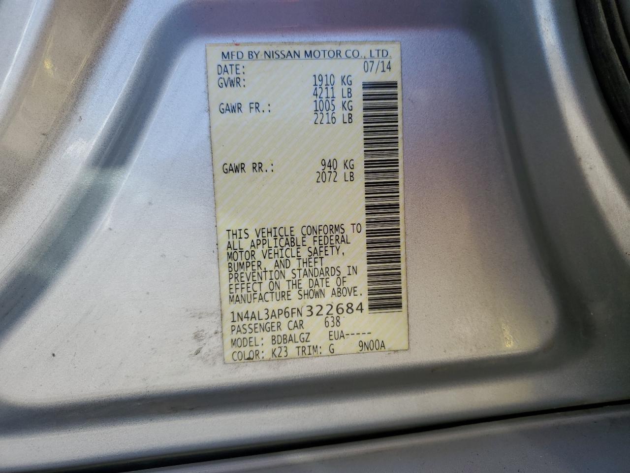 2015 Nissan Altima VIN 1N4AL3AP6FN322684 Copart auction photo, front end damage thumbnail 15