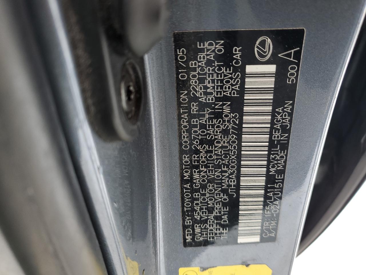 2005 Lexus ES VIN JTHBA30GX55097723 Copart auction photo, front end / side damage thumbnail 13