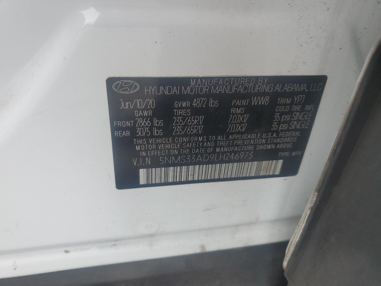 2020 Hyundai Santa Fe VIN 5NMS33AD9LH246973 Copart auction photo, side damage thumbnail 15