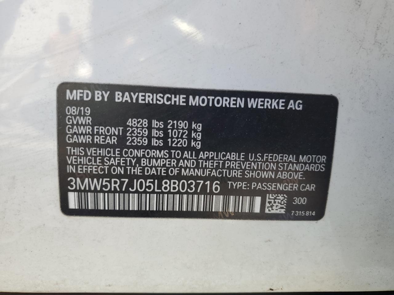2020 BMW 3er VIN 3MW5R7J05L8B03716 Copart auction photo, rear end / side damage thumbnail 15