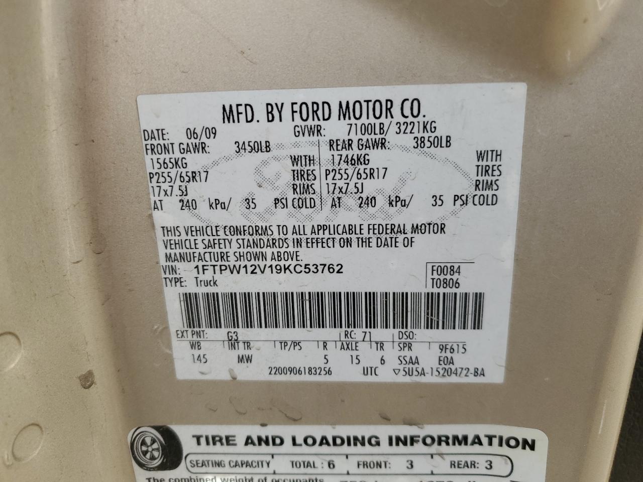 2009 Ford F-150 VIN 1FTPW12V19KC53762 Copart auction photo, front end / rear end damage thumbnail 12