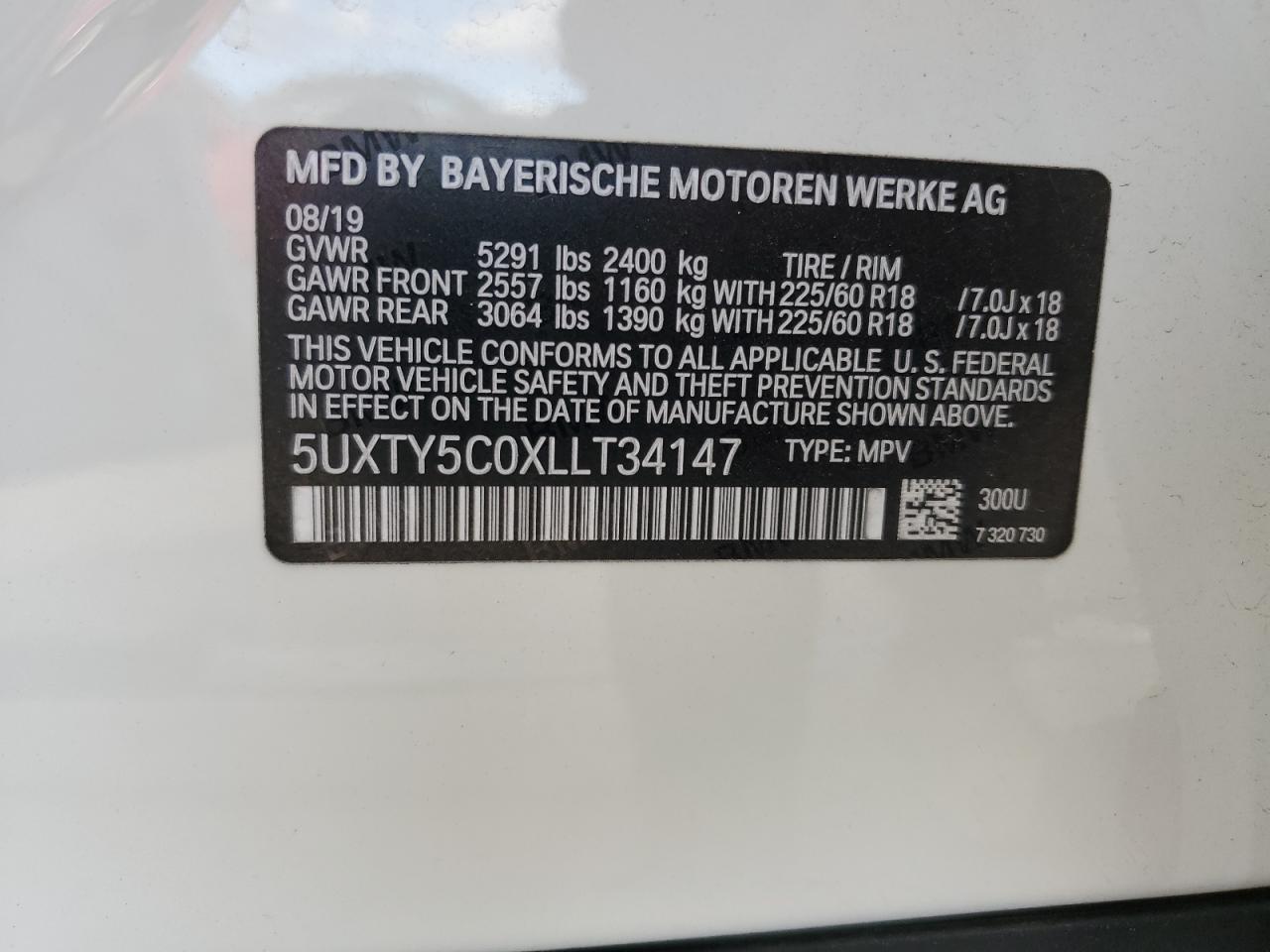 2020 BMW X3 VIN 5UXTY5C0XLLT34147 Copart auction photo, front end damage thumbnail 14
