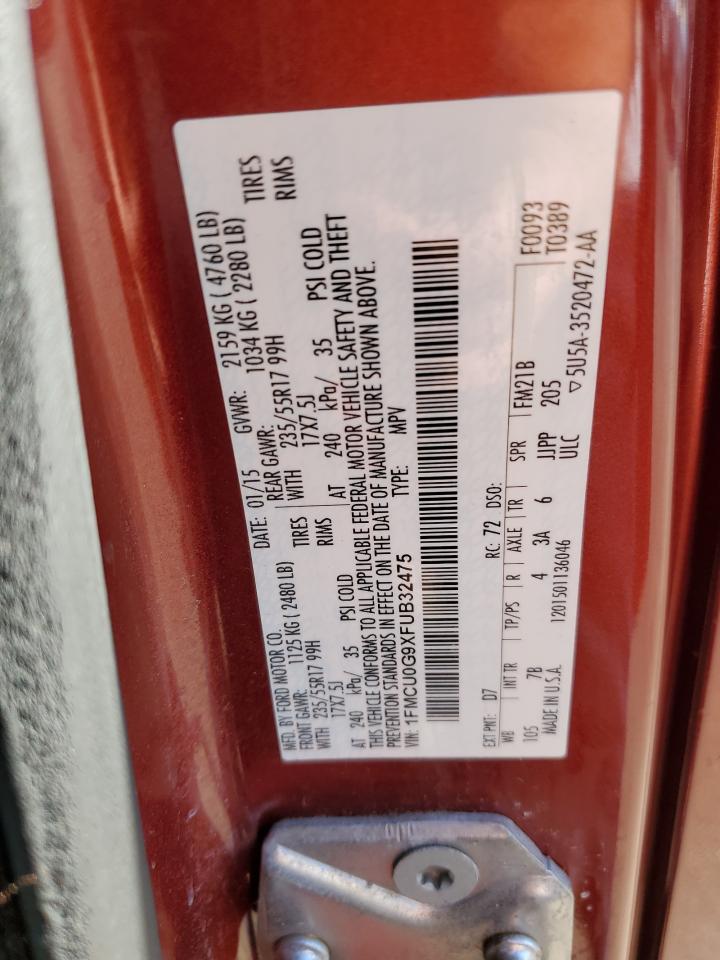 2015 Ford Escape VIN 1FMCU0G9XFUB32475 Copart auction photo, front end damage thumbnail 15