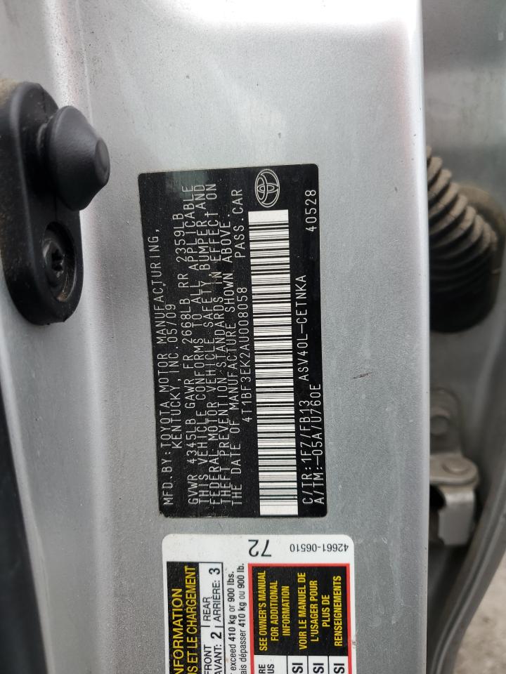 2010 Toyota Camry VIN 4T1BF3EK2AU008058 Copart auction photo, mechanical damage thumbnail 12