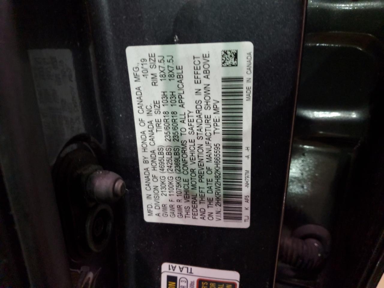 2019 Honda CR-V VIN 2HKRW2H82KH665595 Copart auction photo, front end damage thumbnail 13