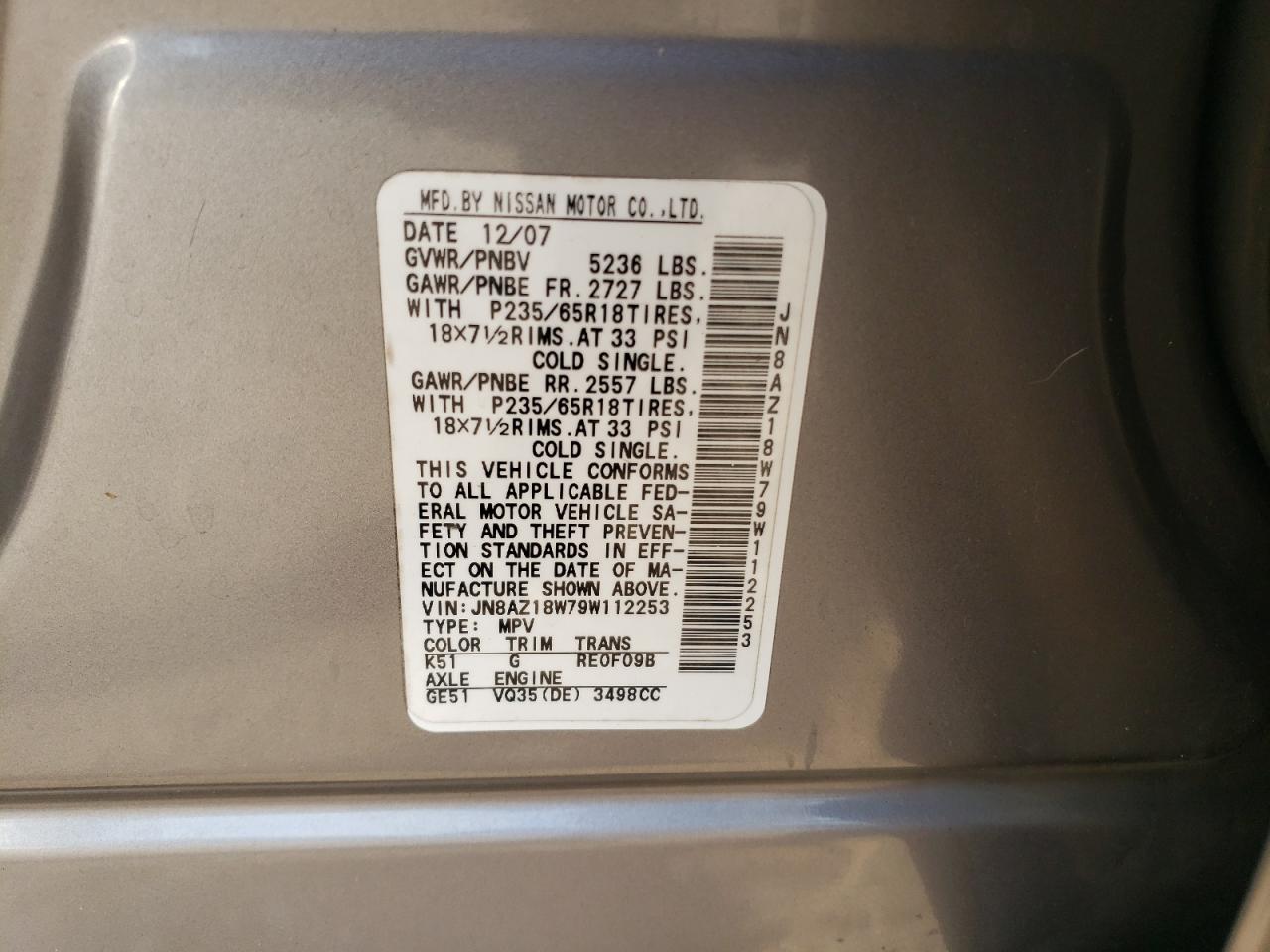 2009 Nissan Murano VIN JN8AZ18W79W112253 Copart auction photo, side / minor dent/scratches damage thumbnail 13