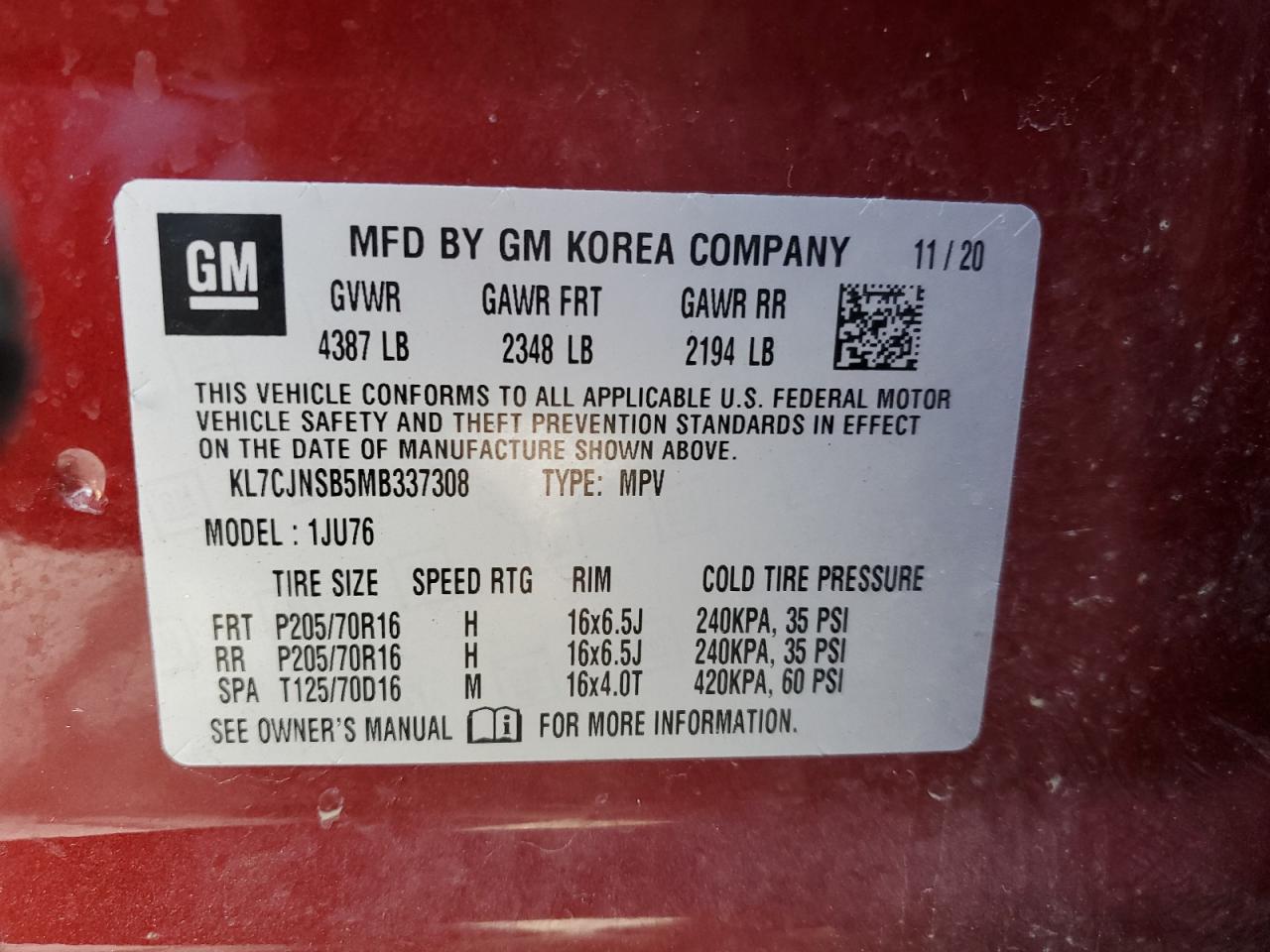 2021 Chevrolet Trax VIN KL7CJNSB5MB337308 Copart auction photo, undercarriage / mechanical damage thumbnail 13