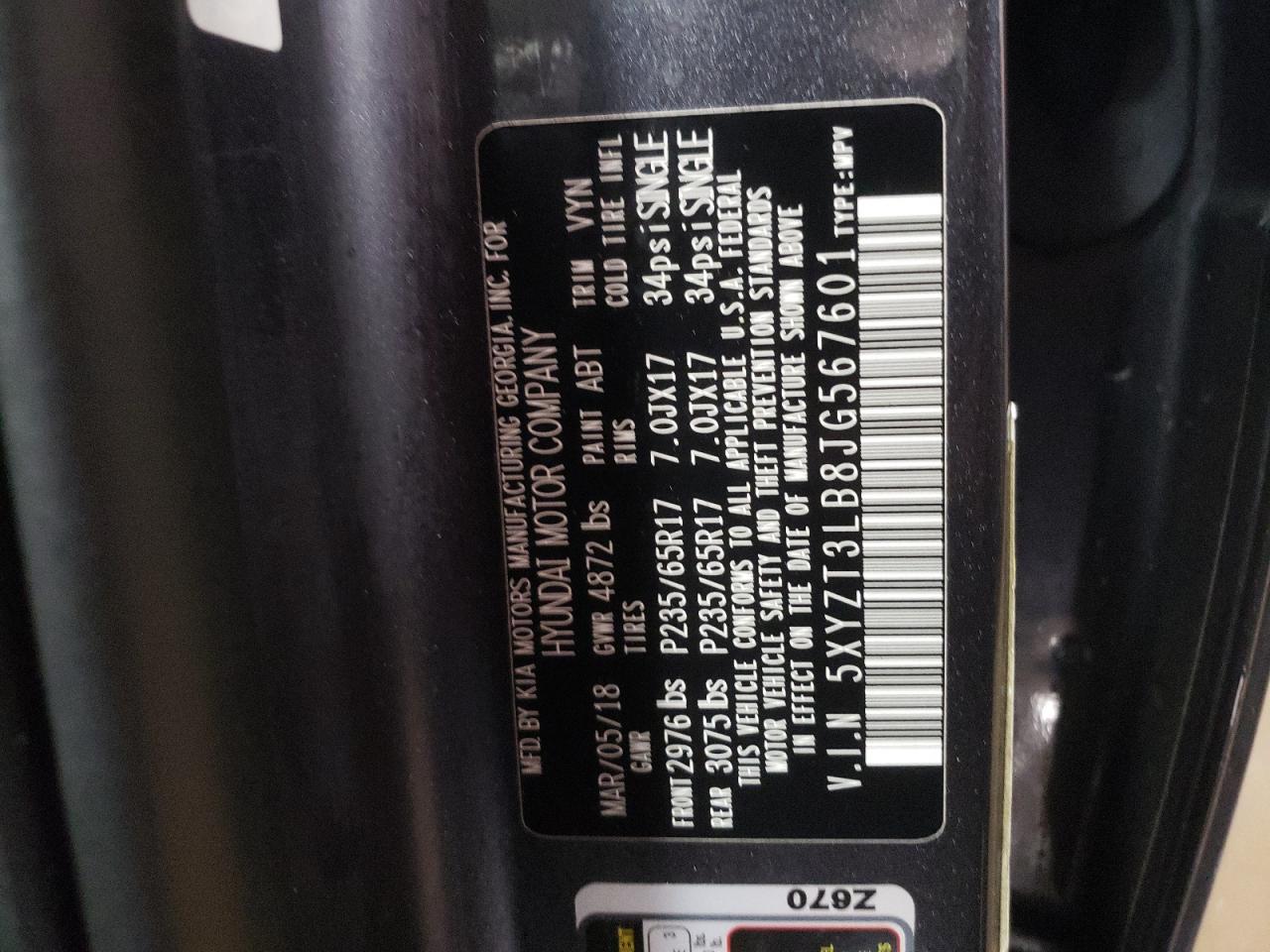 2018 Hyundai Santa Fe VIN 5XYZT3LB8JG567601 Copart auction photo, front end damage thumbnail 13