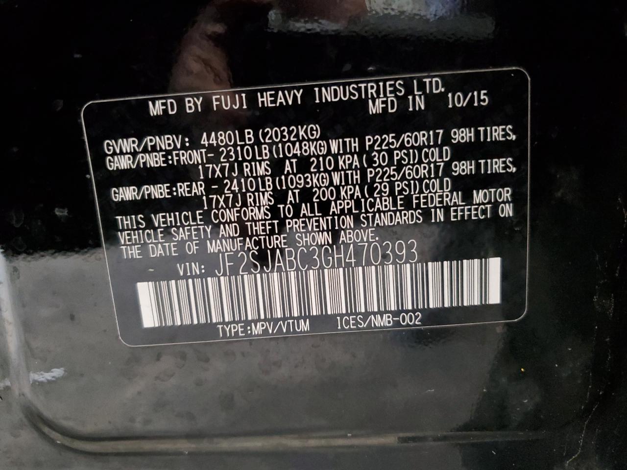 2016 Subaru Forester VIN JF2SJABC3GH470393 Copart auction photo, front end damage thumbnail 15