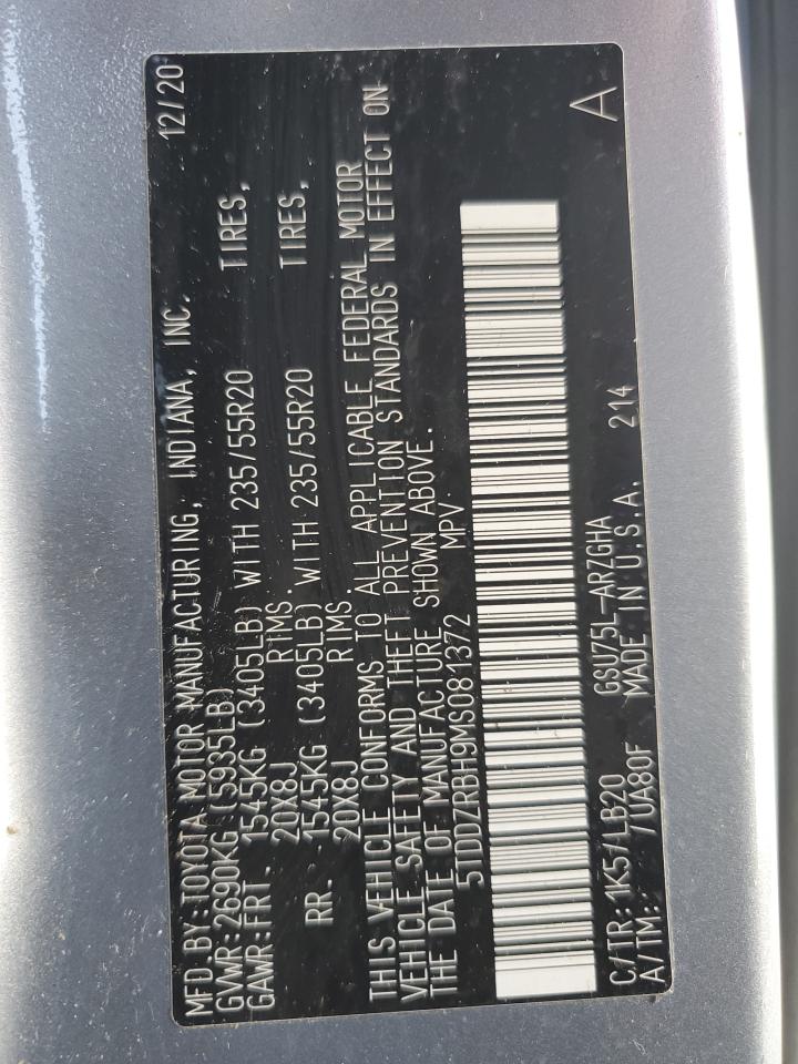 2021 Toyota Highlander VIN 5TDDZRBH9MS081372 Copart auction photo, front end damage thumbnail 14