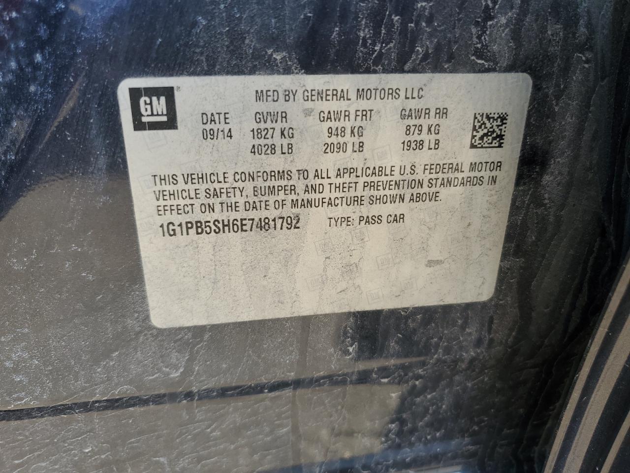 2014 Chevrolet Cruze VIN 1G1PB5SH6E7481792 Copart auction photo, front end damage thumbnail 14