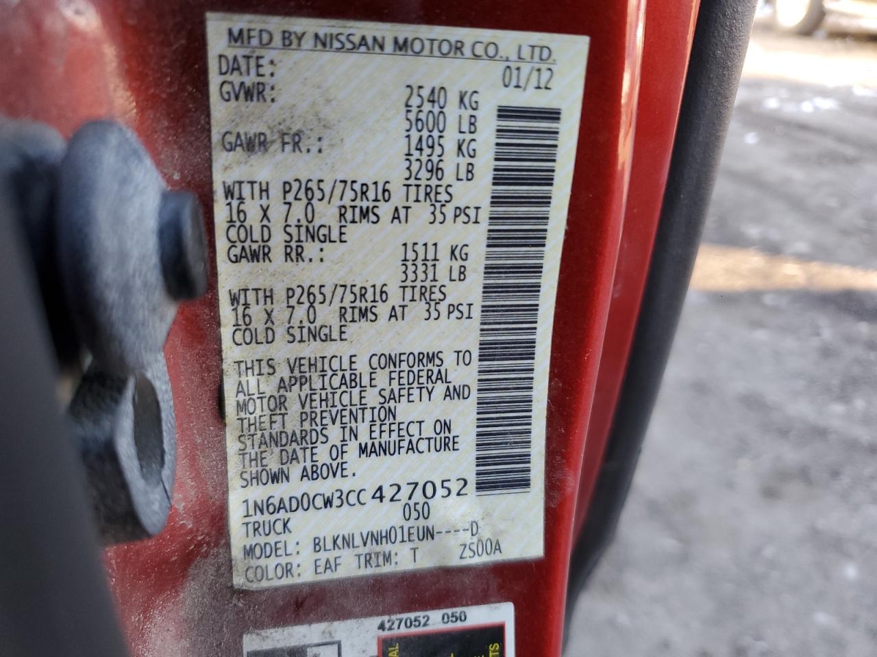 2012 Nissan Navara (Frontier) VIN 1N6AD0CW3CC427052 Copart auction photo, frame damage damage thumbnail 12