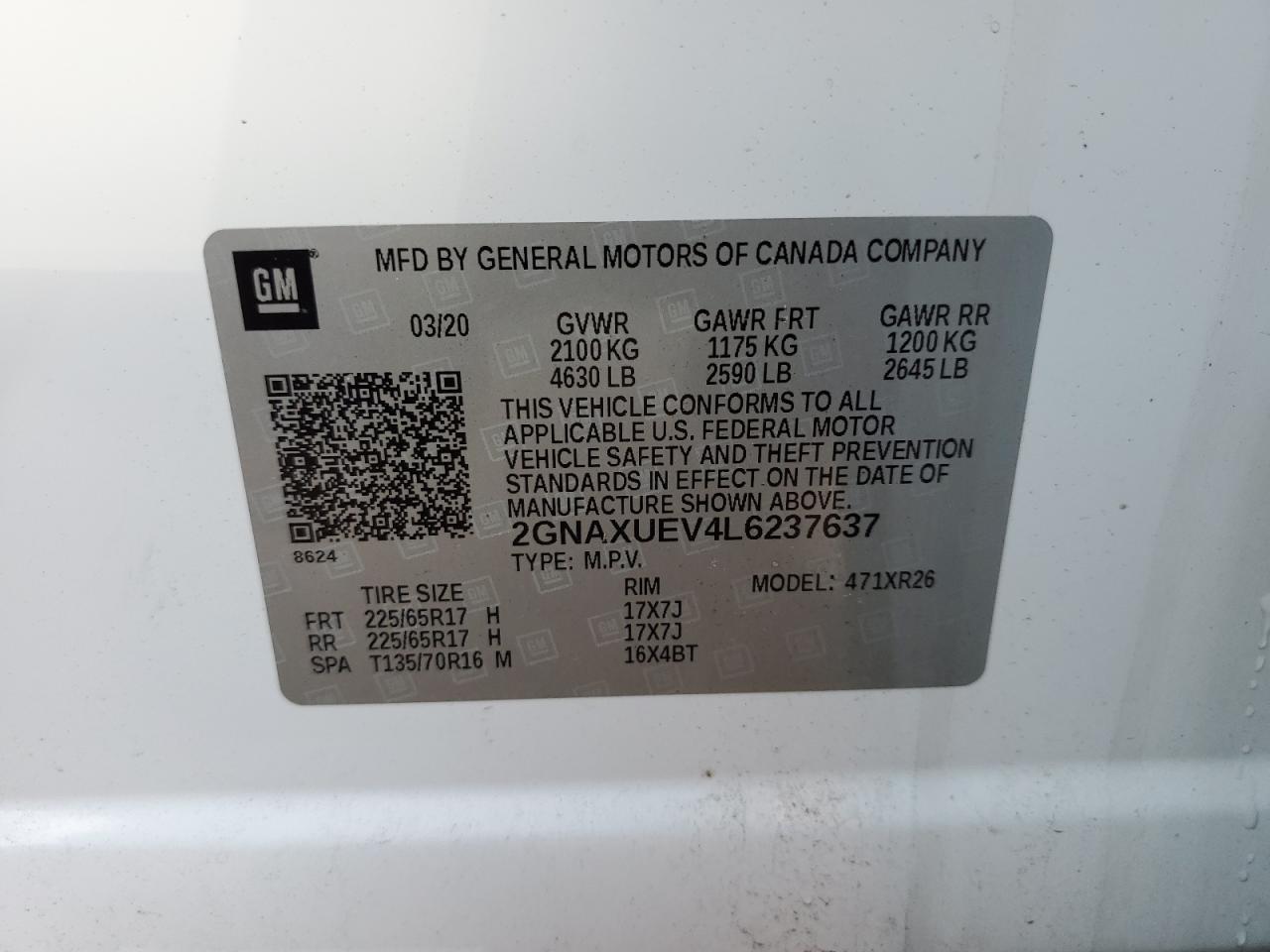 2020 Chevrolet Equinox VIN 2GNAXUEV4L6237637 Copart auction photo, side damage thumbnail 13