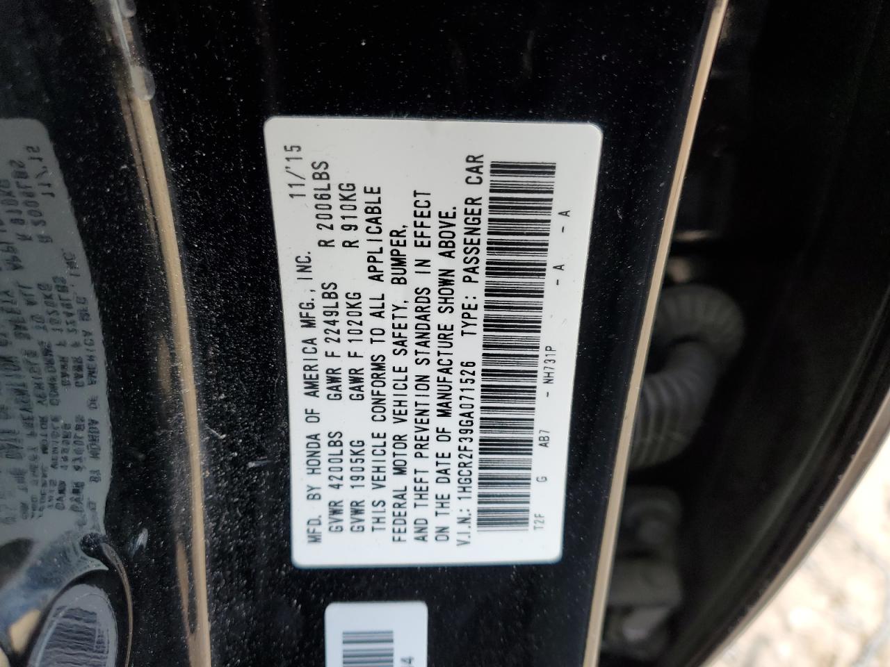 2016 Honda Accord VIN 1HGCR2F39GA071526 Copart auction photo, side / rear end damage thumbnail 12