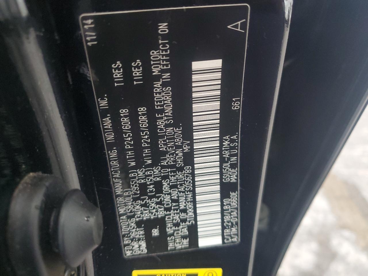 2015 Toyota Highlander VIN 5TDKKRFH4FS056789 Copart auction photo, front end / side damage thumbnail 13