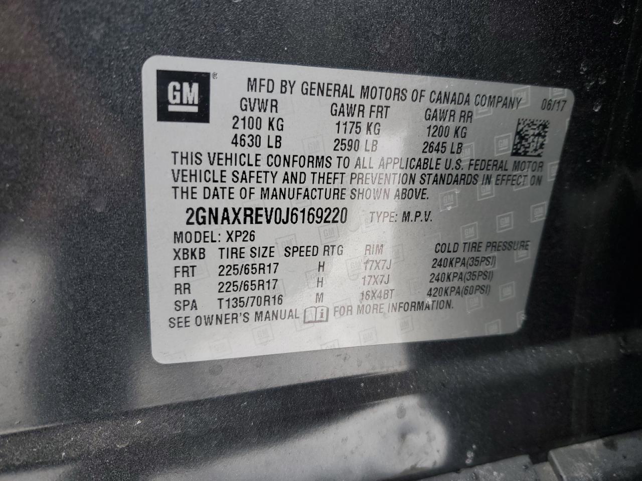 2018 Chevrolet Equinox VIN 2GNAXREV0J6169220 Copart auction photo, front end / side damage thumbnail 13