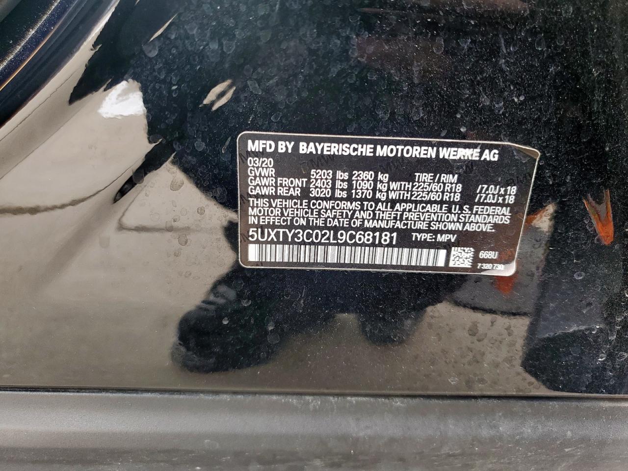 2020 BMW X3 VIN 5UXTY3C02L9C68181 Copart auction photo, front end damage thumbnail 13