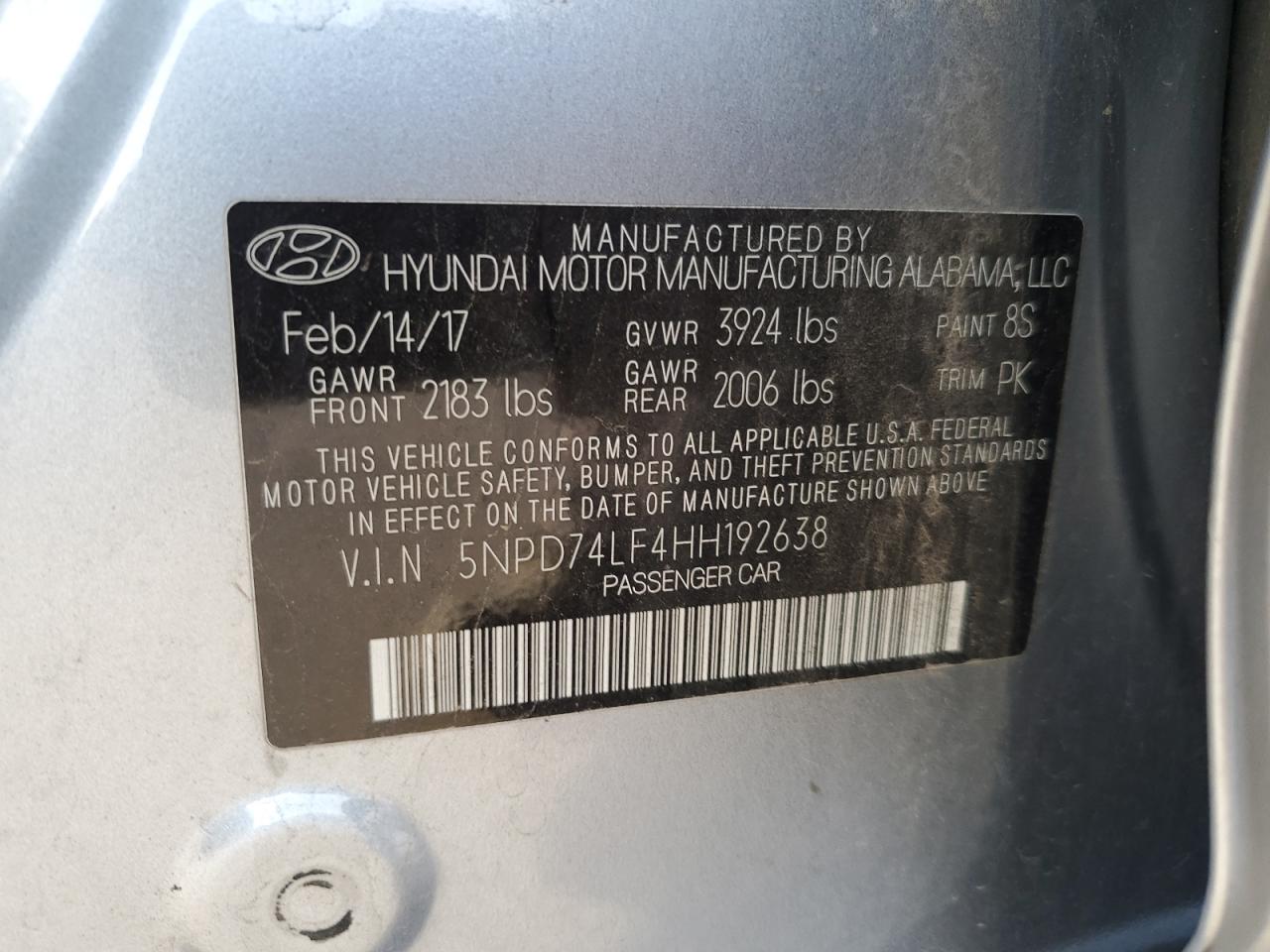 2017 Hyundai Elantra VIN 5NPD74LF4HH192638 Copart auction photo, front end damage thumbnail 15