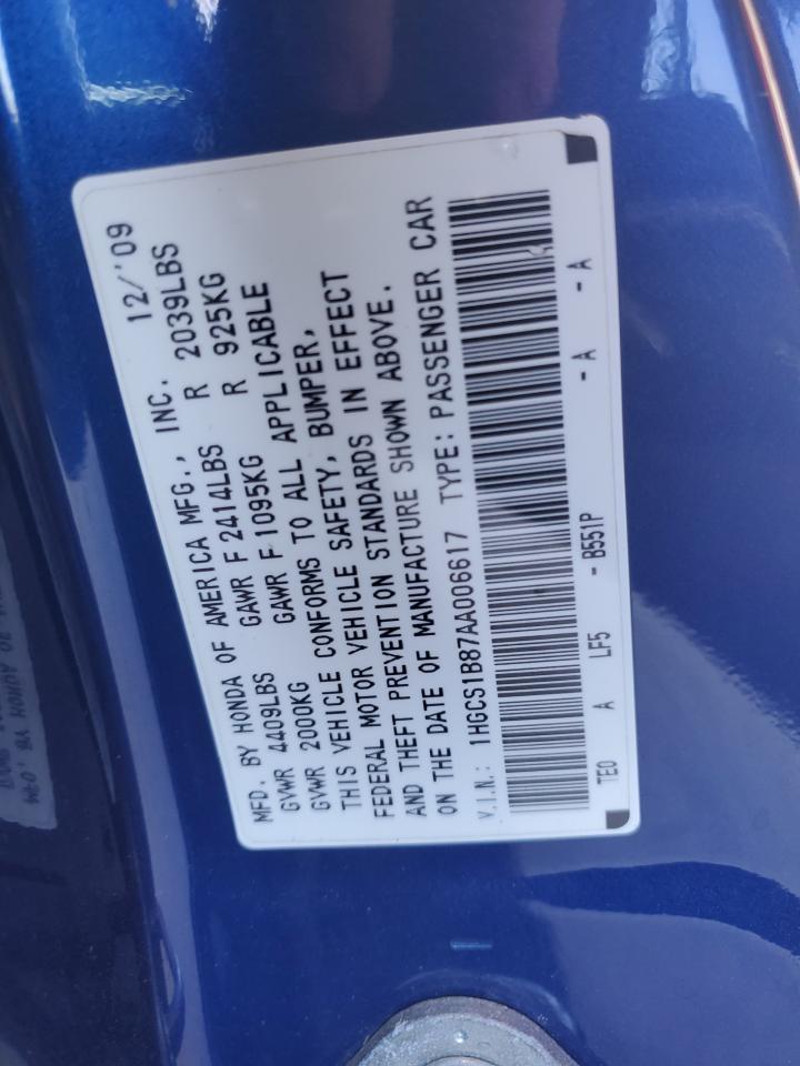 2010 Honda Accord VIN 1HGCS1B87AA006617 Copart auction photo, front end / minor dent/scratches damage thumbnail 12